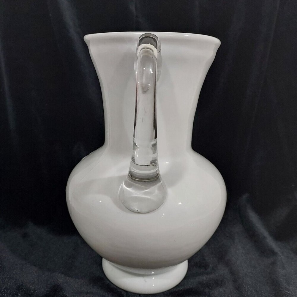 Antique Milk Glass Pitcher Applied Clear Handle Cottage Core Embossed Fruit - Picture 5 of 10
